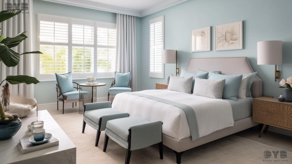 A guest bedroom in Boca Raton, Florida, with Hunter Douglas Pirouette Shades on a window overlooking a backyard with a pool.