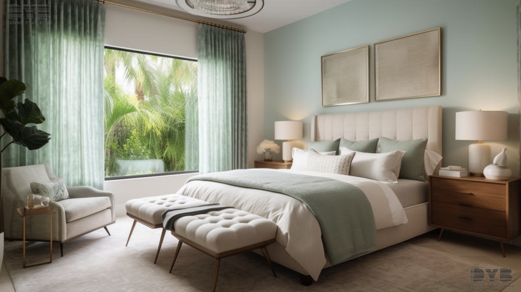 A Delray Beach bedroom featuring Silhouette Shades, a king-sized bed, nightstands, and a plush armchair, with a view of the backyard.