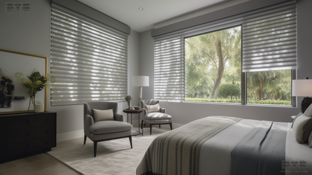 A guest bedroom in Delray Beach, FL featuring Silhouette Shades, Ethan Allen furniture, a plush bed, a nightstand, a reading chair, and a garden view.