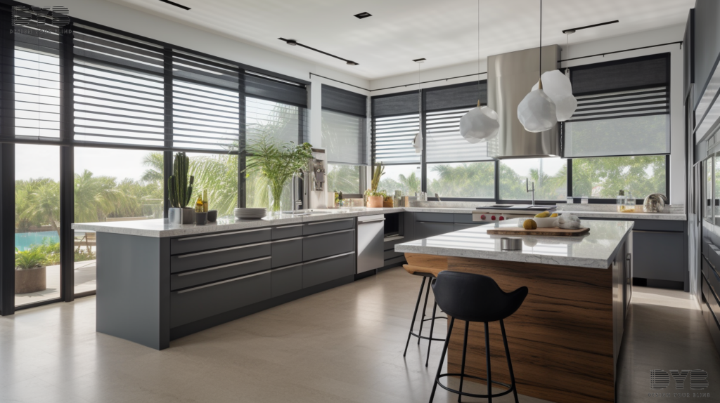 A kitchen in Delray Beach, FL featuring Silhouette Shades, Bernhardt furniture, a sleek kitchen island, barstools, a stainless steel refrigerator, and modern cabinets, with a lake view.