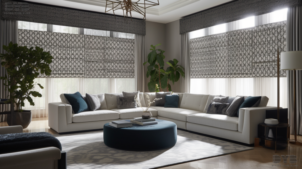 A formal living room in Parkland, FL, showcasing a transitional style interior with a plush sectional sofa from Mitchell Gold + Bob Williams. The room is accented by a large window with partially closed Roman Shades featuring a geometric fabric. The shades cast a dramatic pattern of light and shadow across the room, adding a unique and stylish touch to the space.