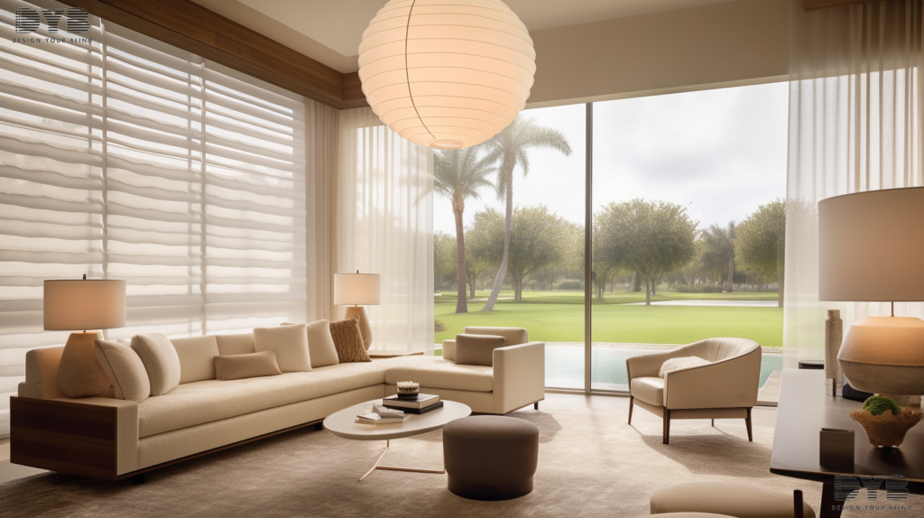 Honeycomb Shades in a Boynton Beach living room with a modern design and a golf course view