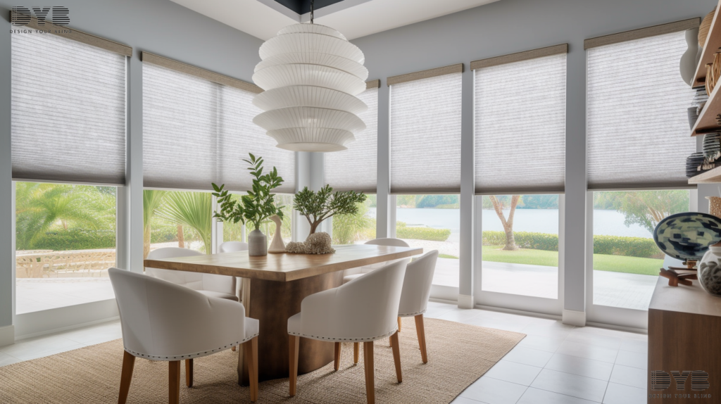 Honeycomb Shades in a Boynton Beach dining room with a coastal-inspired design