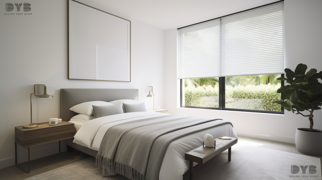 A minimalist bedroom in Parkland, FL, featuring a king-sized bed from Crate & Barrel, plush bedding, and a modern nightstand. The room is bathed in soft, natural light filtering through partially closed Screen Roller Shades on a large window overlooking a tranquil garden. The shades provide a sense of privacy while allowing for a gentle stream of light, creating a peaceful and inviting ambiance.