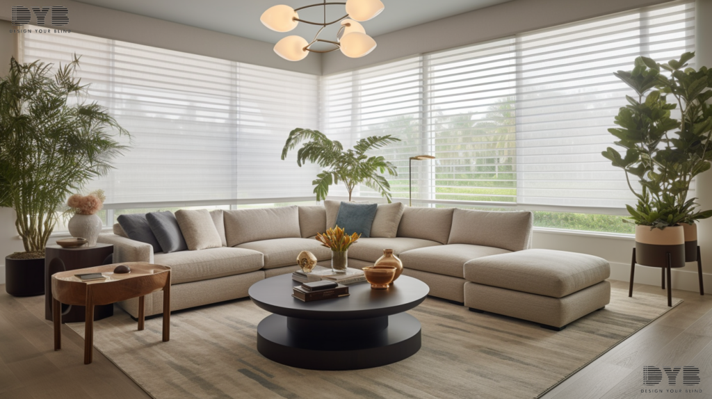 A spacious family room in Parkland, FL, showcasing a modern interior design with a plush sectional sofa from Ethan Allen, a sleek coffee table, and a contemporary sculpture. The room is awash in natural light streaming in through a large window with partially closed Roman Shades featuring a soft, subtle foliage fabric. The shades cast a warm, diffused glow across the room, creating a sense of warmth and inviting relaxation.