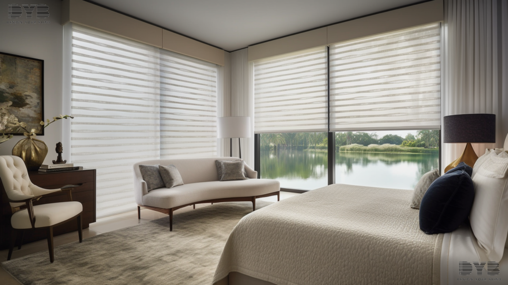 A bedroom in Delray Beach, FL featuring Silhouette Shades, Bernhardt furniture, a king-sized bed, a comfortable armchair, and a canal view.