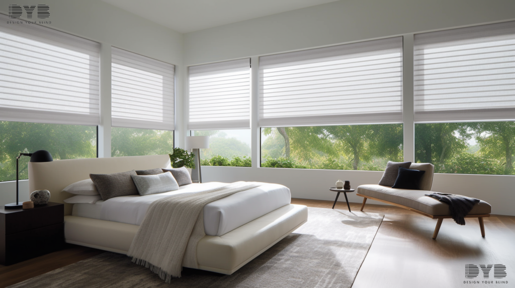 A master bedroom in Parkland, FL, designed in a contemporary style, with a king-sized bed from Bernhardt and plush bedding. The room features floor-to-ceiling windows showcasing a panoramic view of the garden. The windows are adorned with fully closed Roller Shades, allowing for complete darkness and a sense of tranquility.
