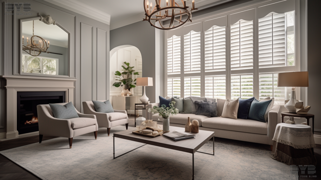 A beautifully styled Formal Living Room in Delray Beach, FL, showcasing Plantation Shutters on large windows that overlook canals. The room is decorated in a Coastal style and features furniture from Restoration Hardware. The shutters are partially closed, letting in a soft, diffused light.