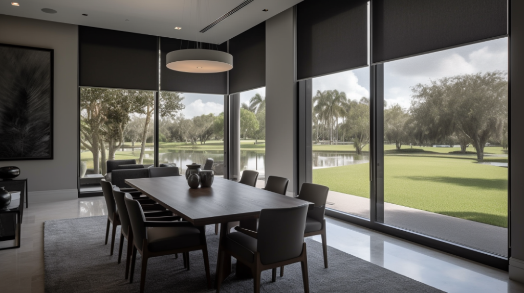 A minimalist dining room in Boca Raton, FL, featuring Blackout Roller Shades, showcasing a modern design.