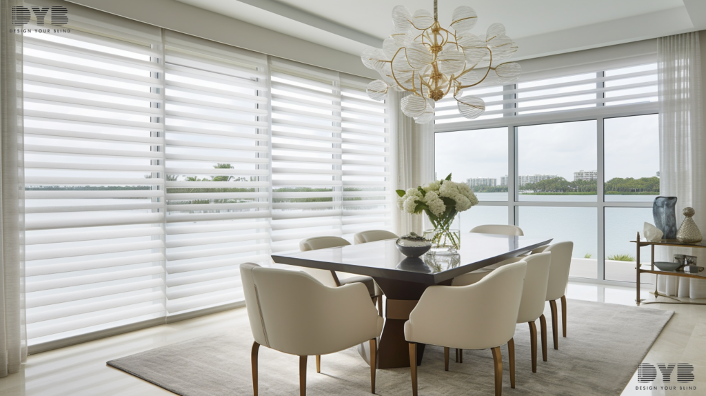 A spacious dining room in Boca Raton, FL, with Silhouette Shades, featuring a Transitional design.