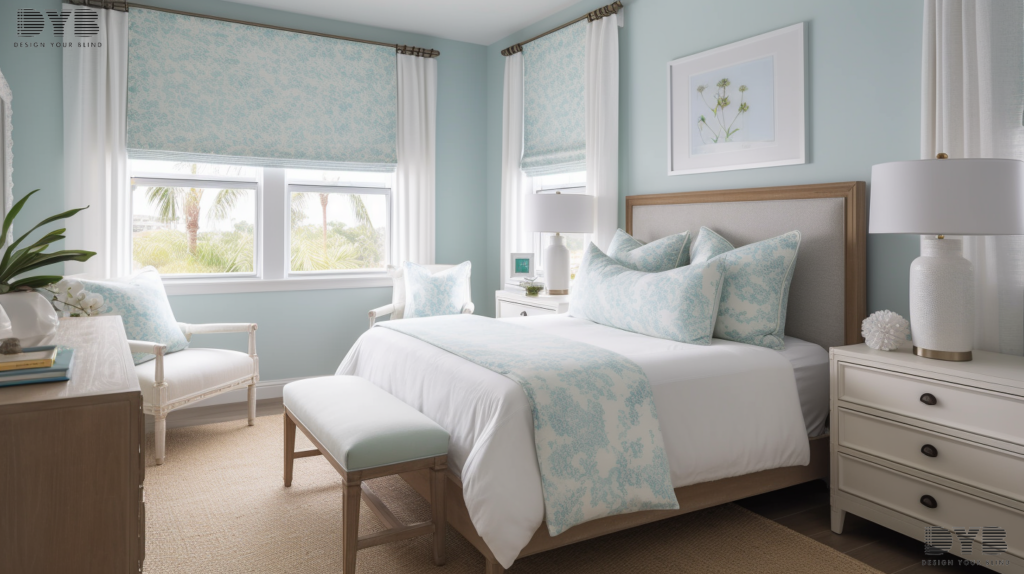A cozy guest bedroom in Boca Raton, FL, with Roller Shades, featuring a Coastal design.