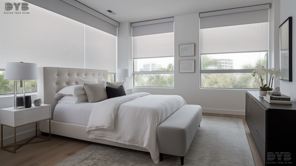 A serene guest bedroom in Boca Raton, FL, with Solar Roller Shades, showcasing an Urban Modern style.