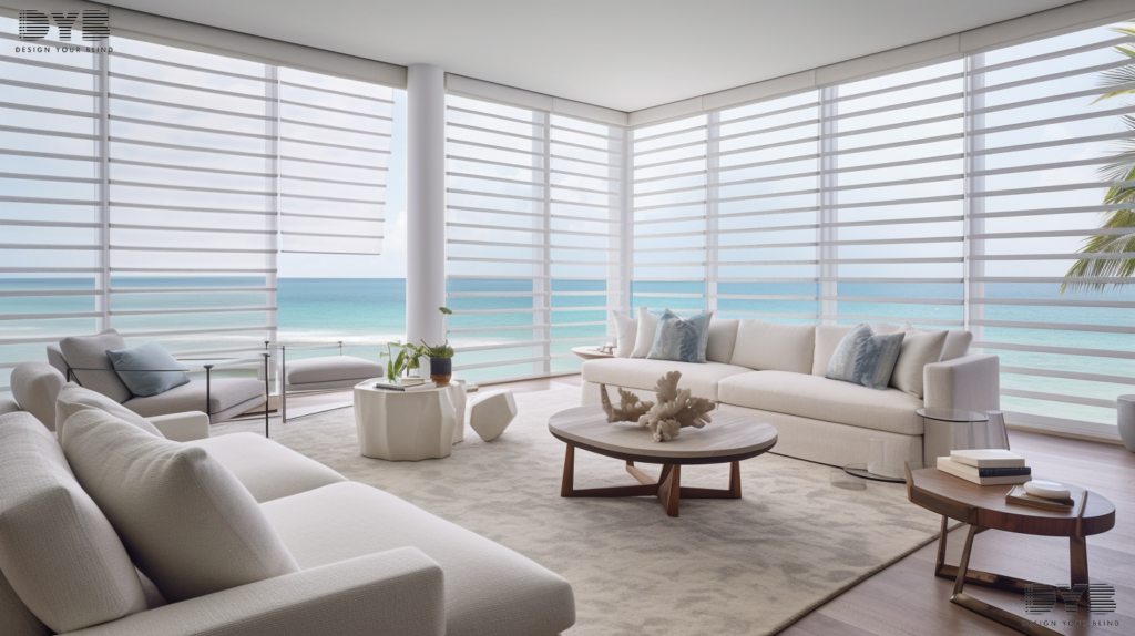 A spacious formal living room in Boca Raton, FL, with Pirouette Shades, featuring a Coastal design.