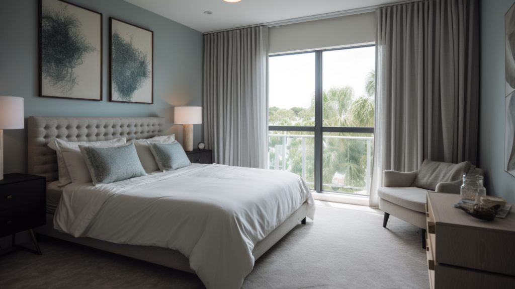 Blackout Curtains in a Lighthouse Point Guest Bedroom with a view of the canals