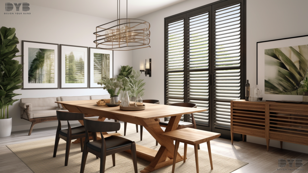 A spacious, Casual Dining Room in Delray Beach, FL, featuring Plantation Shutters. The room is designed in an Urban Modern style and features furniture from Arhaus. The shutters are partially closed, casting soft shadows on the floor and walls. The window overlooks a lush backyard.