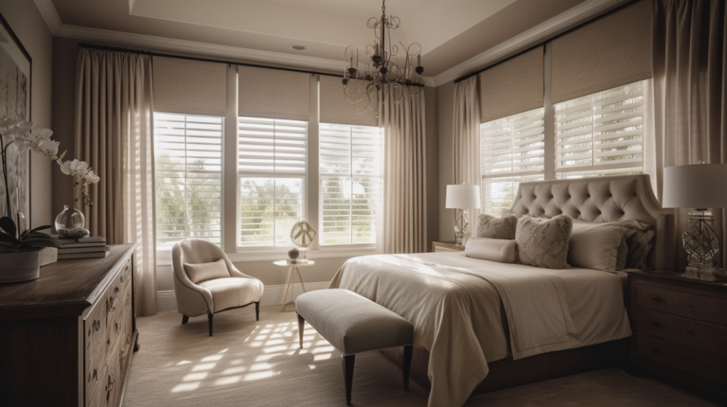 A serene Bedroom in Delray Beach, FL, featuring Hunter Douglas Silhouette Shades. The room is designed in a Coastal style and features furniture from Arhaus. The shades are fully closed, offering complete darkness and privacy. The window overlooks a lush golf course.