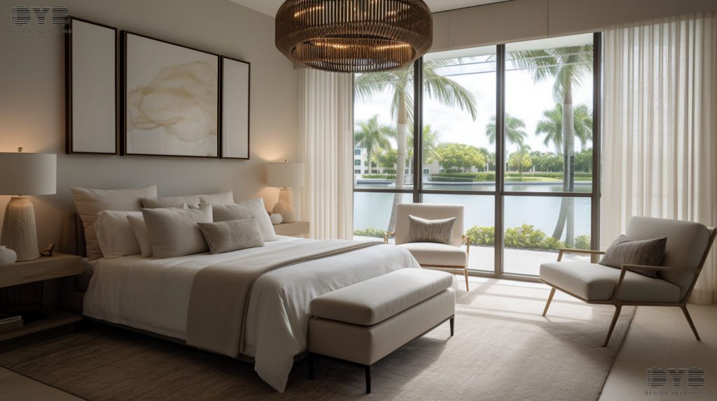Blackout Curtains in a Lighthouse Point Guest Bedroom with a view of the Intercoastal Waterway