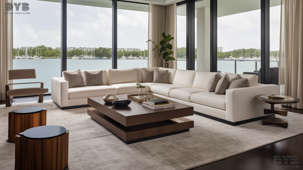 Blackout Curtains in a Lighthouse Point living room with a view of the Intercoastal Waterway