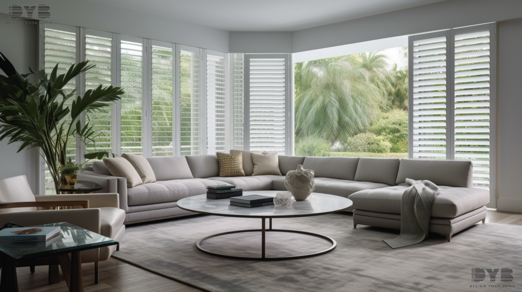 A modern Family Room in Delray Beach, FL, showcasing floor-to-ceiling windows with Plantation Shutters. The room is designed in a Modern style and features furniture from Restoration Hardware. The shutters are fully closed, creating a sense of privacy and tranquility. The windows offer a panoramic view of a serene lake.