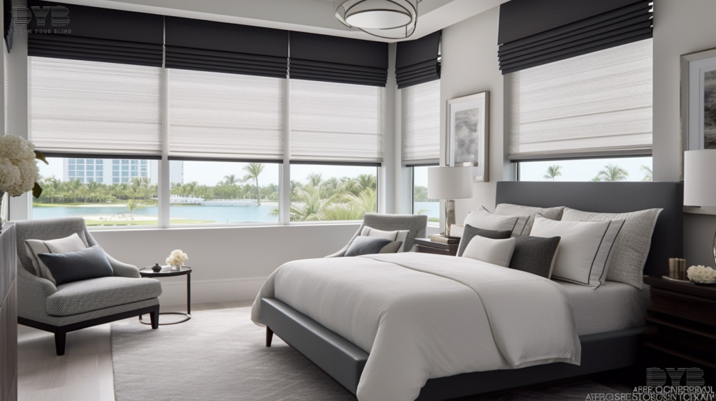 A stylish guest bedroom in Boca Raton, FL, with Woven Wood Shades, featuring a Transitional design.