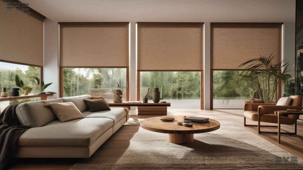 Blackout roller shades in a cozy living room in Delray Beach, Florida