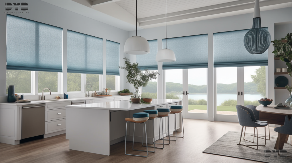Blackout roller shades in a coastal-style kitchen in Delray Beach, Florida