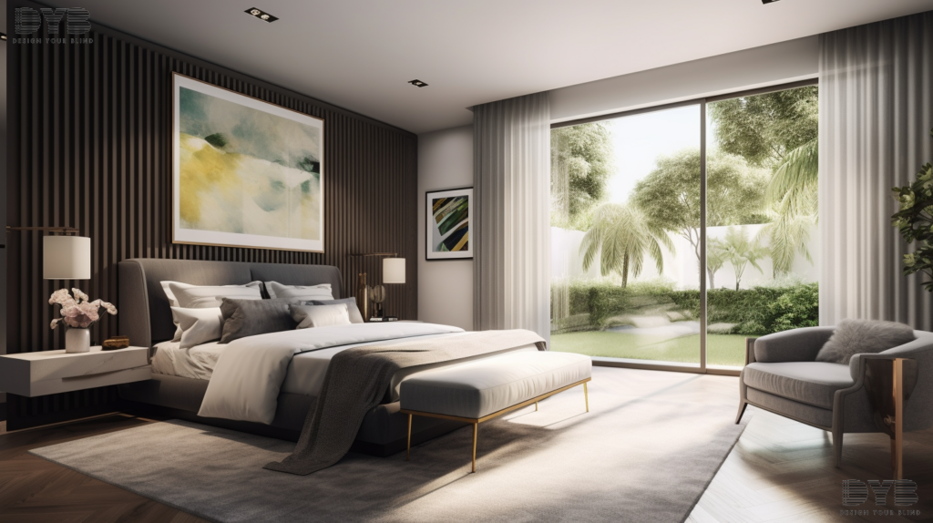 Blackout roller shades in a sleek master bedroom in Delray Beach, Florida