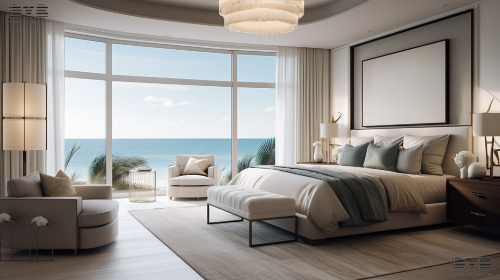 A master bedroom with a large window featuring Solar Shades overlooking the ocean in Boca Raton, FL. The room is furnished with stylish Arhaus furniture.