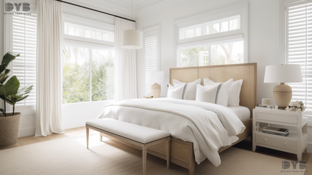 A Coastal bedroom with a large window featuring Solar Shades overlooking a backyard pool in Boca Raton, FL. The room is furnished with Crate & Barrel furniture.
