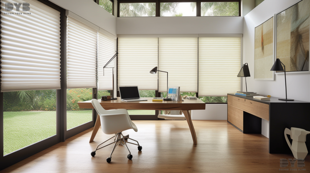 A contemporary home office with Cellular Shades in Delray Beach, Florida.