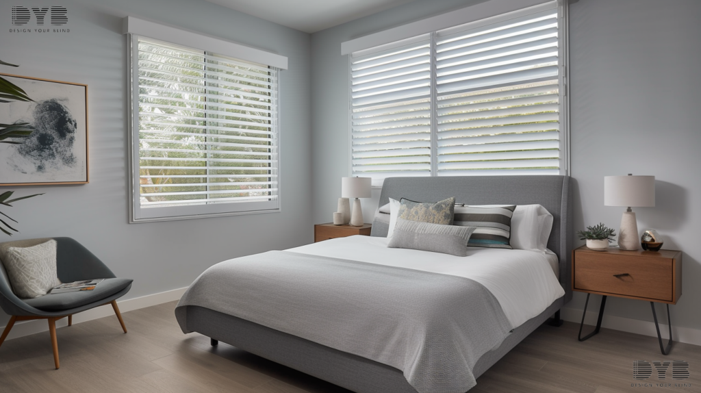 An Urban Modern guest bedroom with Pirouette Shades in Delray Beach, Florida.