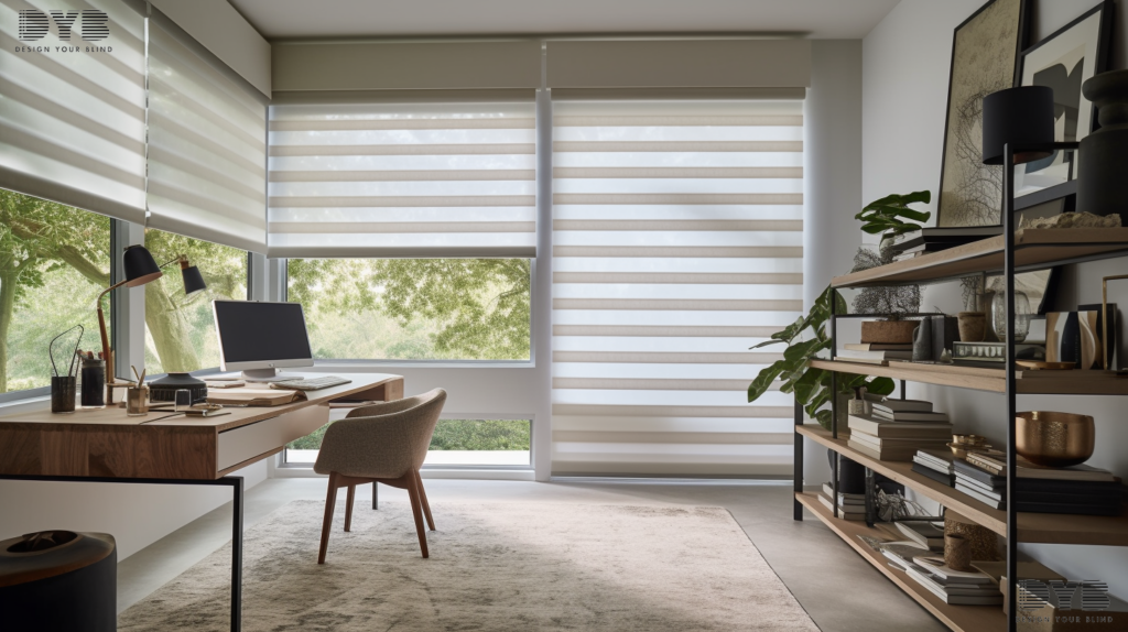 Blackout roller shades in a farmhouse modern home office in Delray Beach, Florida