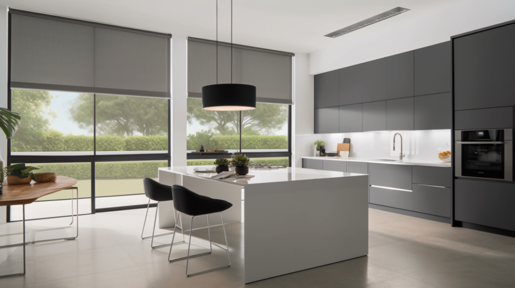 A minimalist kitchen with Blackout Roller Shades in Delray Beach, Florida.