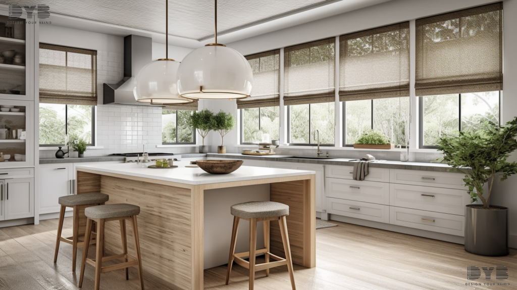 A close-up shot of Roman Shades with Solid fabric in a Delray Beach, FL kitchen.