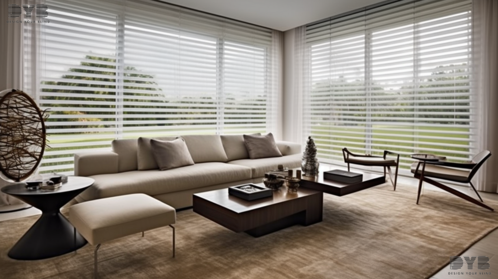A Formal Living Room with a large window featuring Solar Shades overlooking a golf course in Boca Raton, FL. The room is furnished with stylish Williams Sonoma furniture.