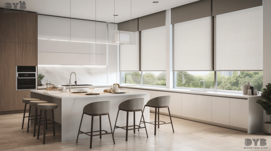 Blackout roller shades in a modern kitchen in Delray Beach, Florida