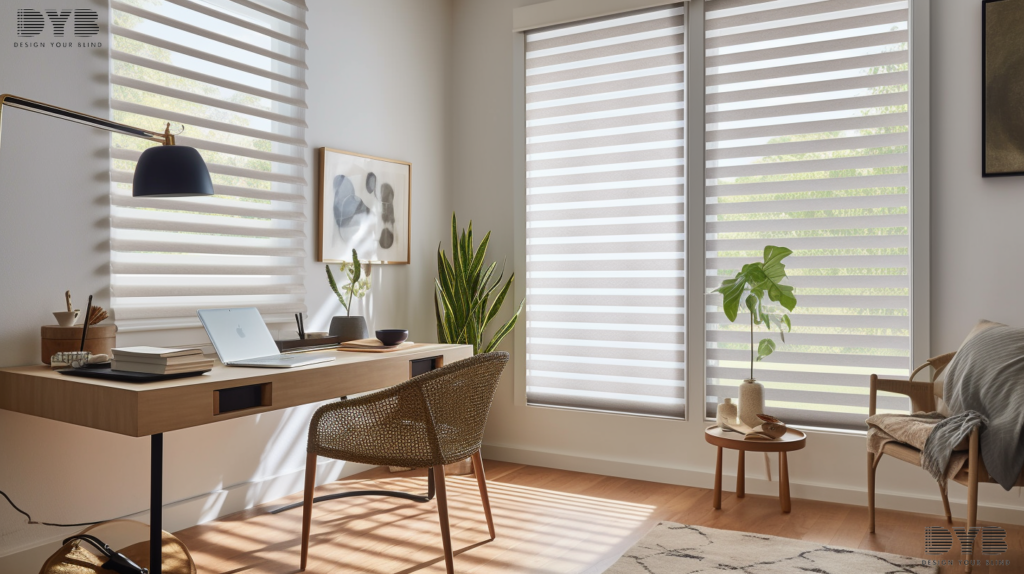 A home office in West Palm Beach with Roller Shades, overlooking a canal.