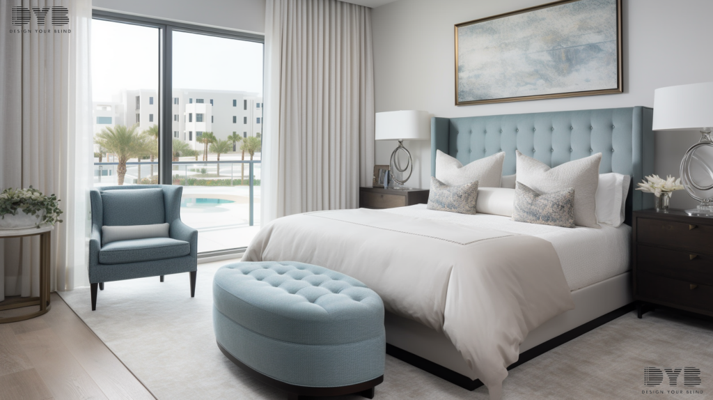 A bedroom in West Palm Beach with blackout curtains, overlooking the Intercoastal Waterway.