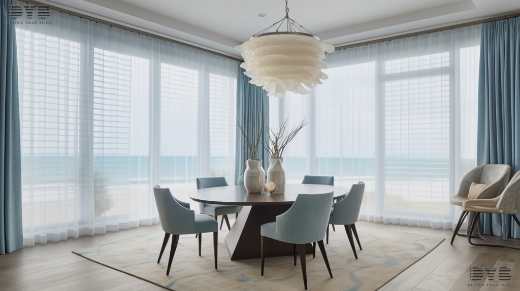 Sheer Curtains in a coastal dining room in Boca Raton