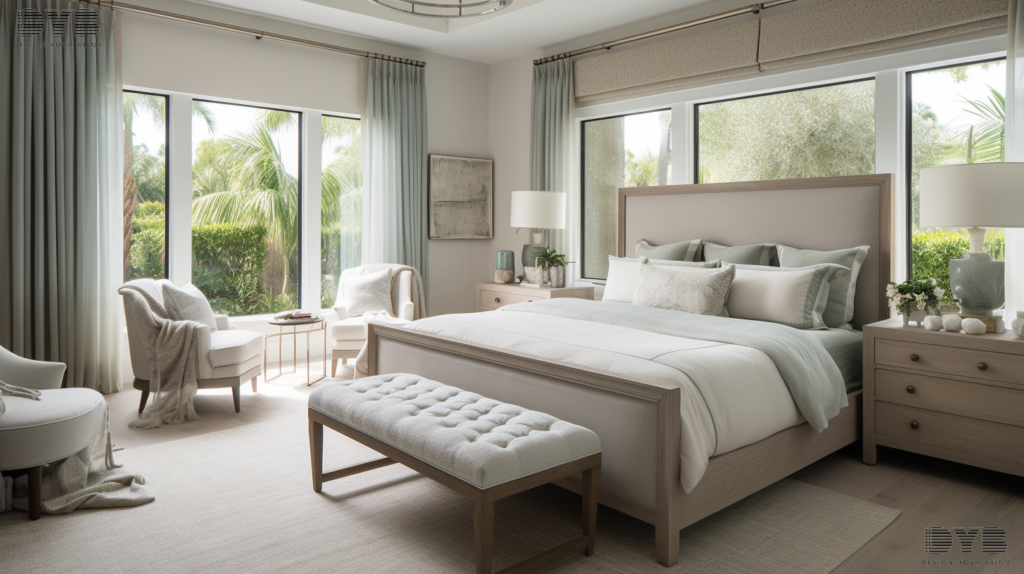 A master bedroom in Parkland, FL, featuring Sheer Curtains, a king-sized bed, and a coastal decor.