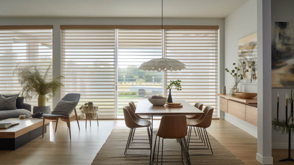 A Casual Dining Room in Lighthouse Point, FL, with Roller Shades, a Crate & Barrel table and chairs, and a lake view.