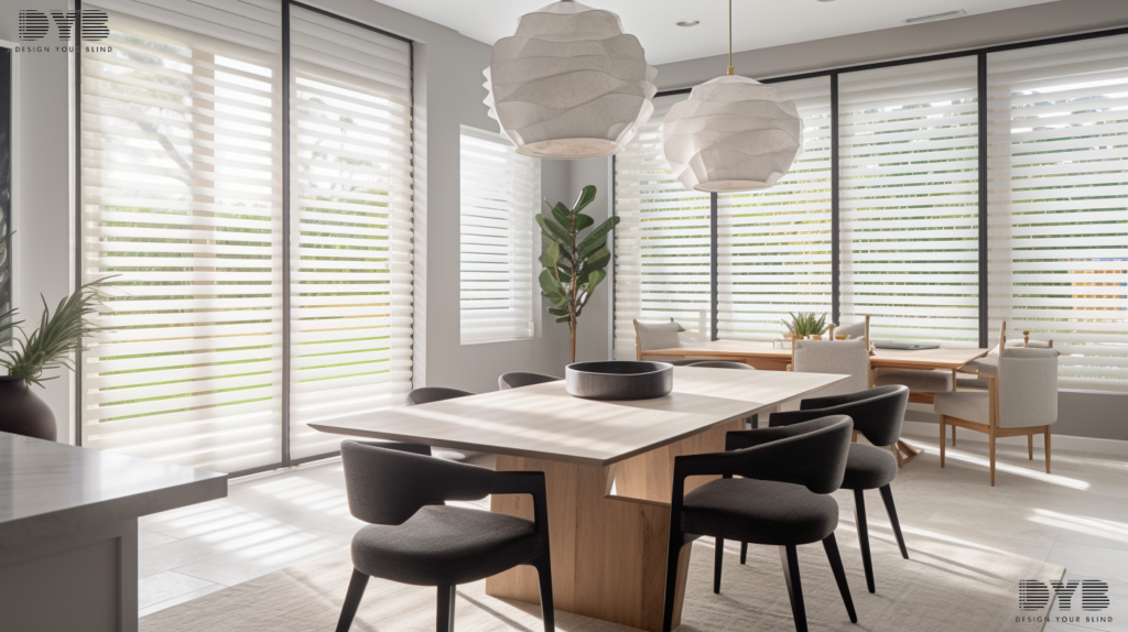 A dining room in Lighthouse Point, FL, featuring Solar Shades for a warm and inviting ambiance