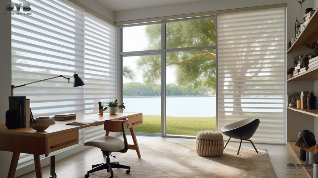 A home office in Lighthouse Point, FL, featuring Solar Shades for a bright and airy workspace
