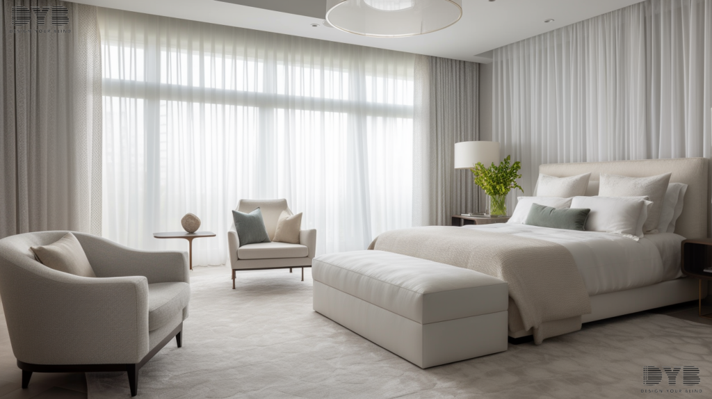 A Master Bedroom in Lighthouse Point, FL, with Roller Shades, a king-sized bed, sheer curtains, and a pool view.