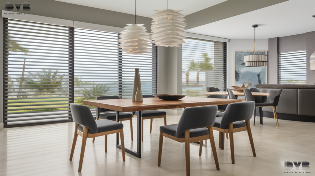 A Casual Dining Room in Lighthouse Point, FL, featuring Roller Shades, a Bernhardt table and chairs, and a pool view.