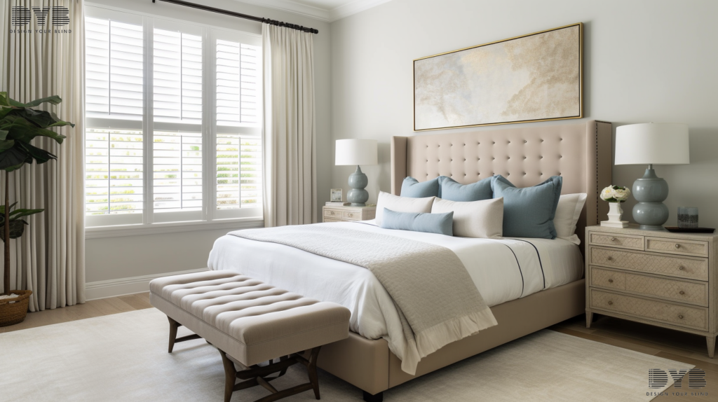 A master bedroom in West Palm Beach with Roman Shades, overlooking a backyard pool.