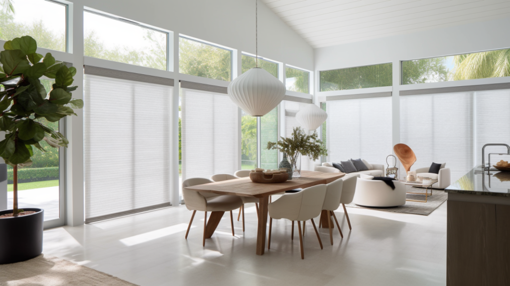 A casual dining room in West Palm Beach with Roller Shades, overlooking a backyard pool.