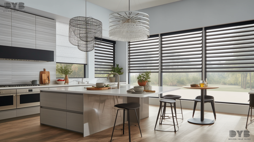 A kitchen in Lighthouse Point, FL, with Solar Shades offering a cool and calming atmosphere