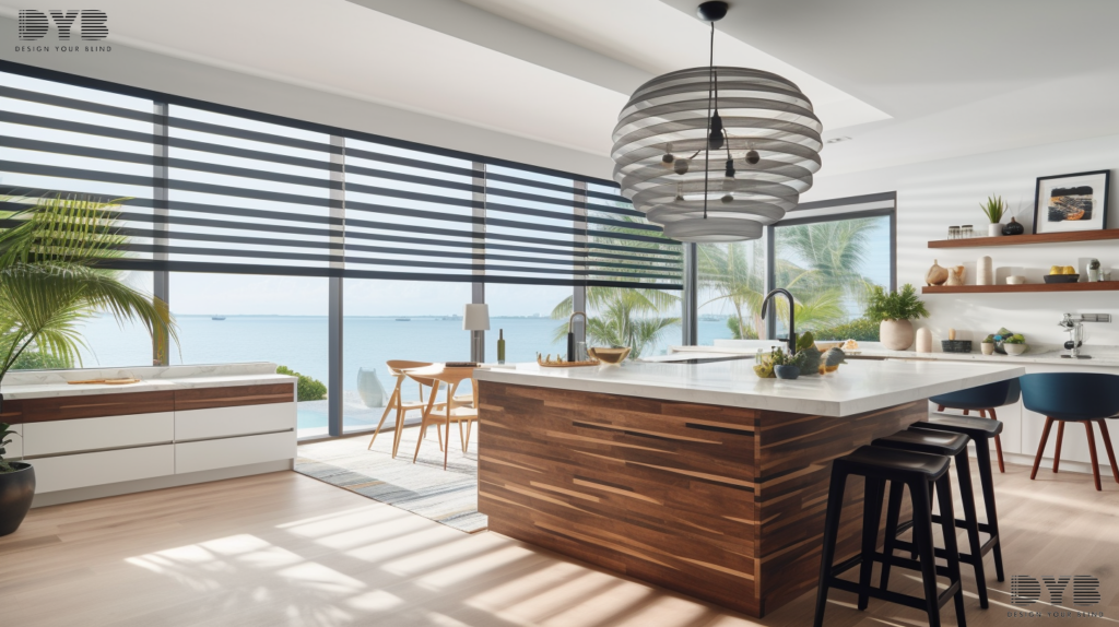 A kitchen in West Palm Beach with Pirouette Shades, overlooking the ocean.
