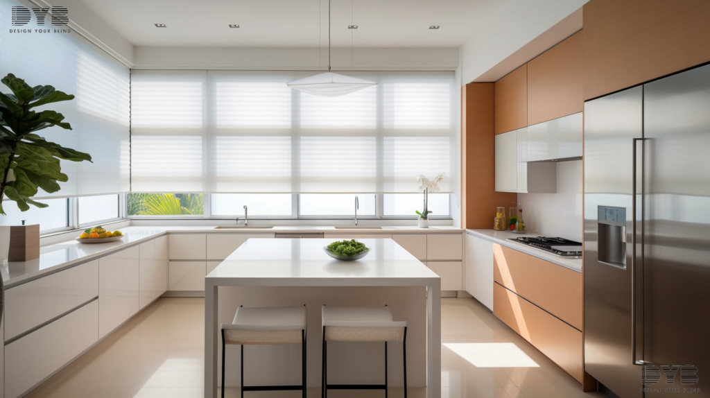 A kitchen in West Palm Beach with Screen Roller Shades, overlooking a canal.
